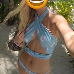 Tularosa bikini swimsuit (baby blue with pom poms, wrap neck) size M